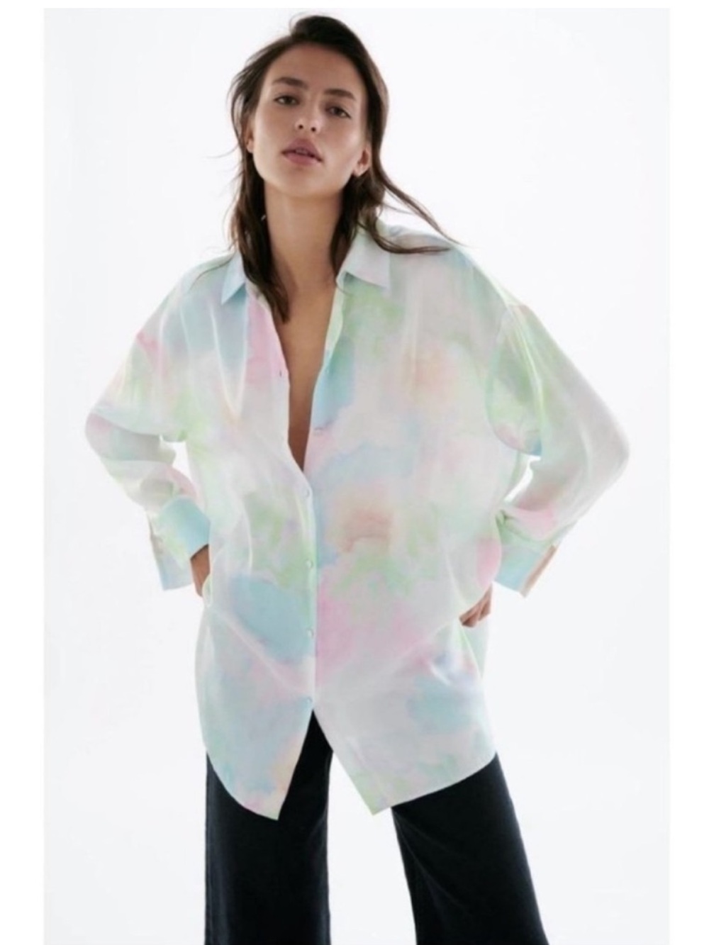 Zara Oversized Pastel Multicolor Button-Down Shirt Sz XS Watercolor Artsy